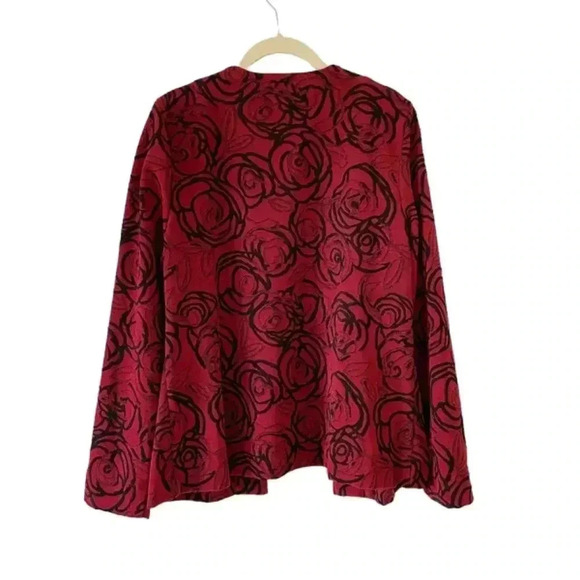Laura Ashley Red Black Rose Floral Open Front Top Medium Slinky Knit Stretch - Picture 2 of 9